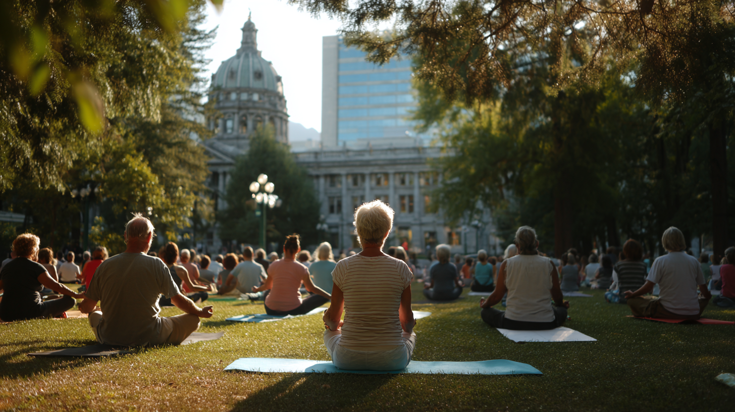 Adultos mayores practicando yoga en un ambiente sereno y acogedor