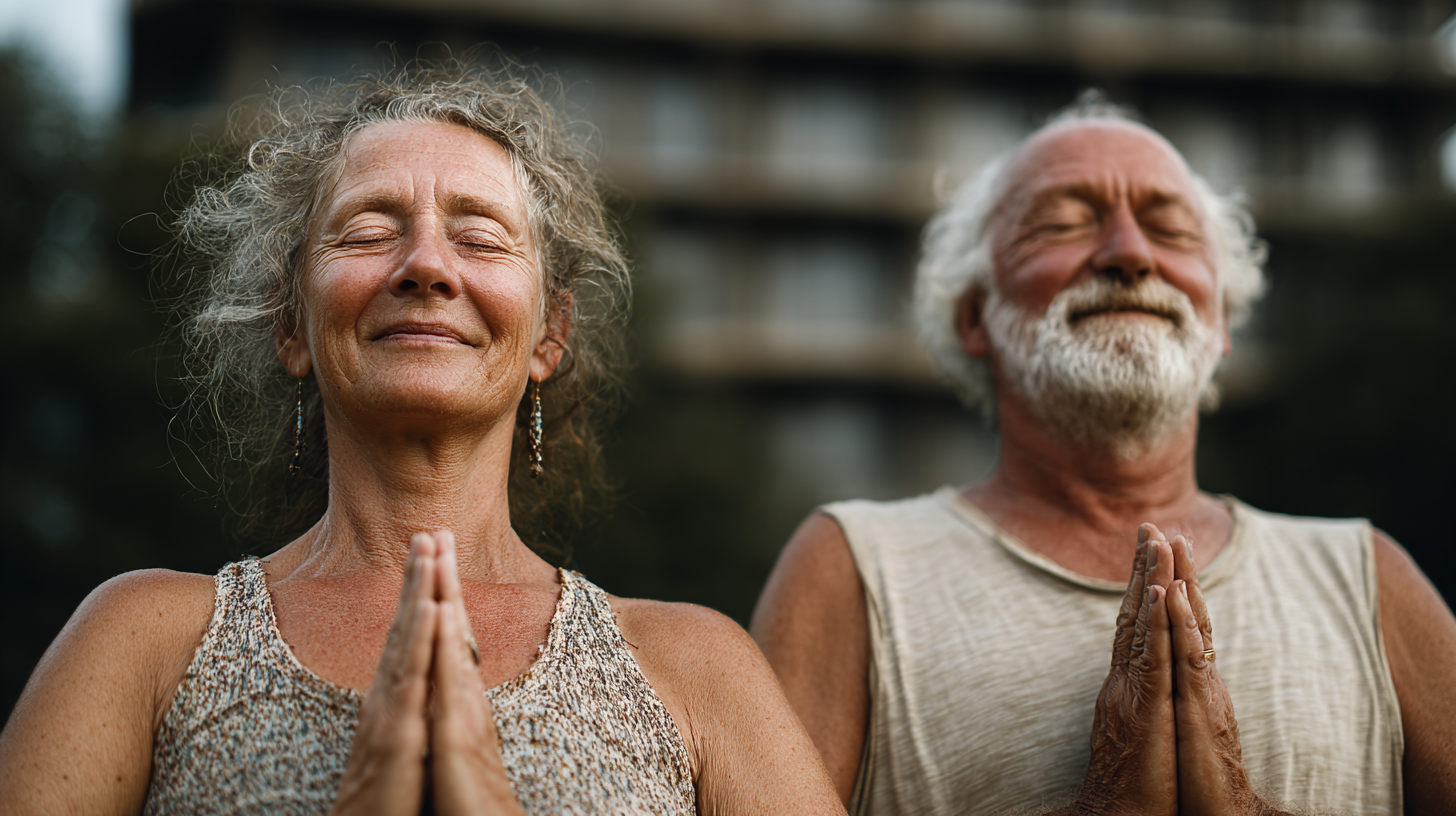 Persona mayor practicando yoga con una sonrisa de satisfacción
